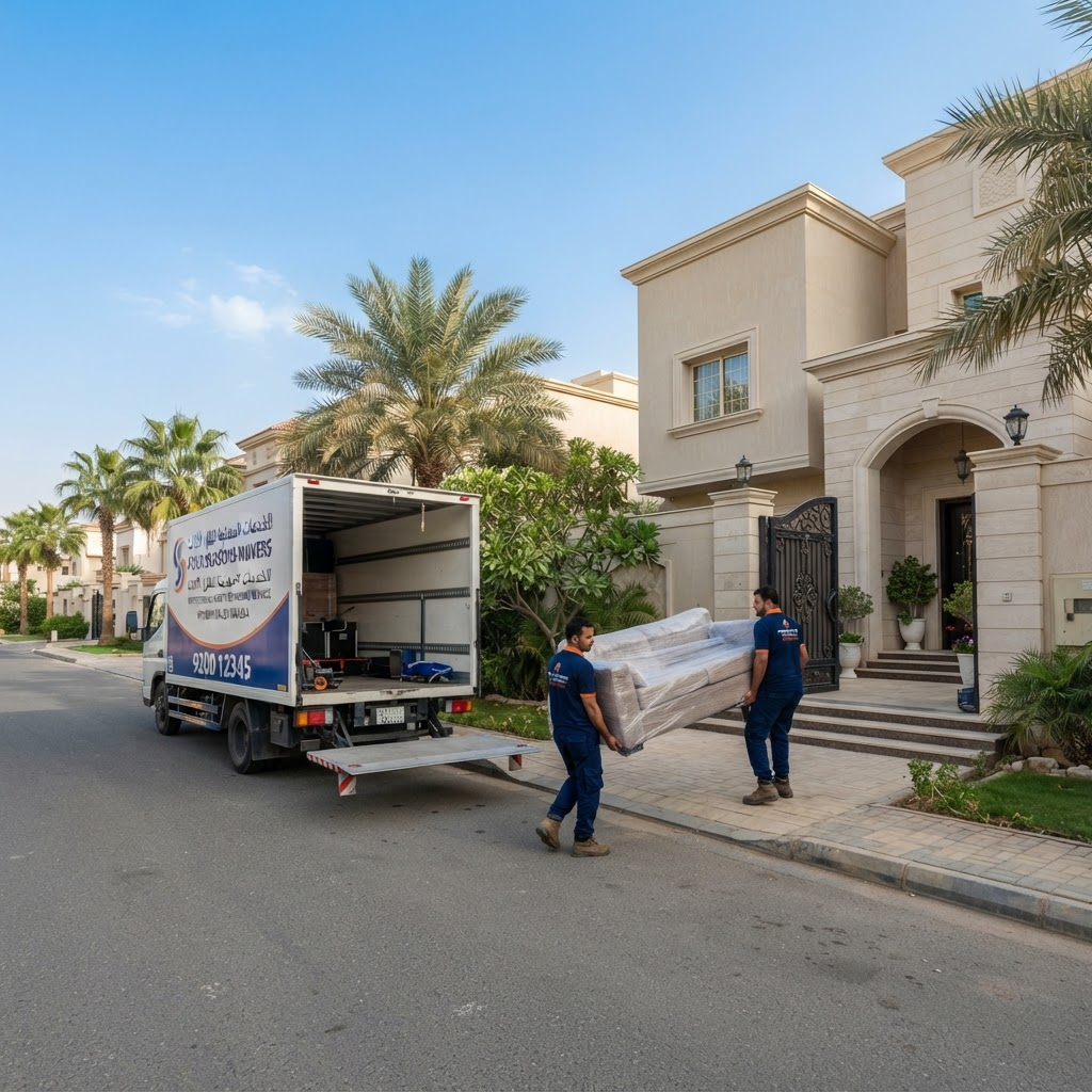شاحنة وفريق نقل عفش بالرياض أمام فيلا حديثة